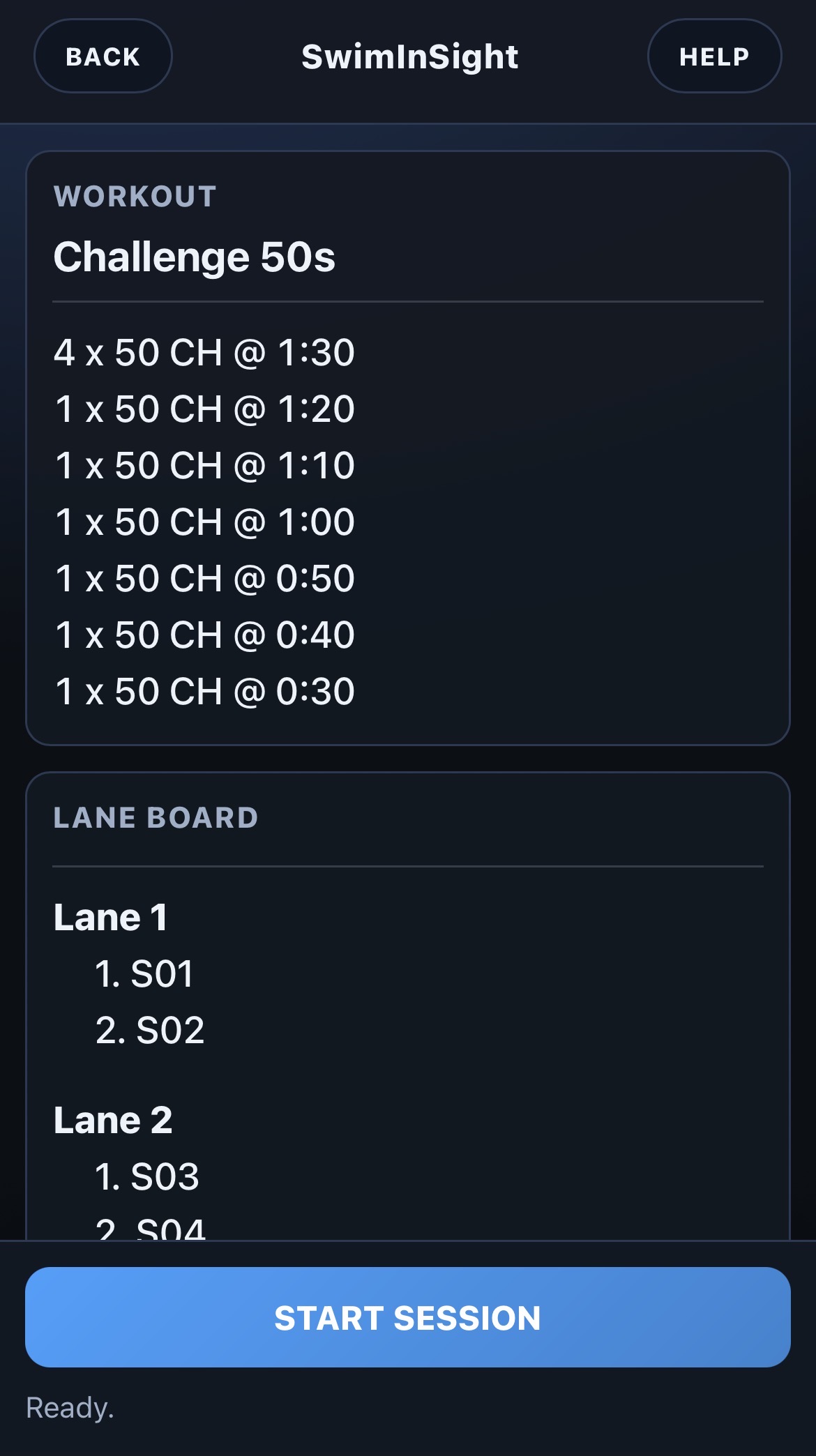 SwimInSight phone control panel showing the workout, lane board, and Start Session button.