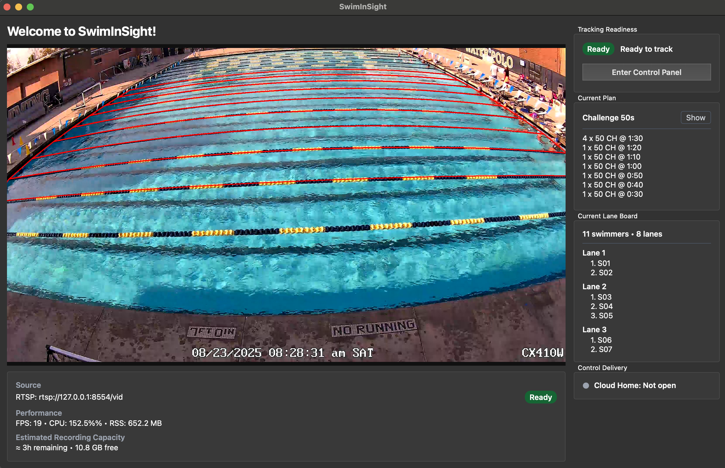 SwimInSight desktop app showing a live camera view of a pool, the current plan and lane board, and a ready tracking status.