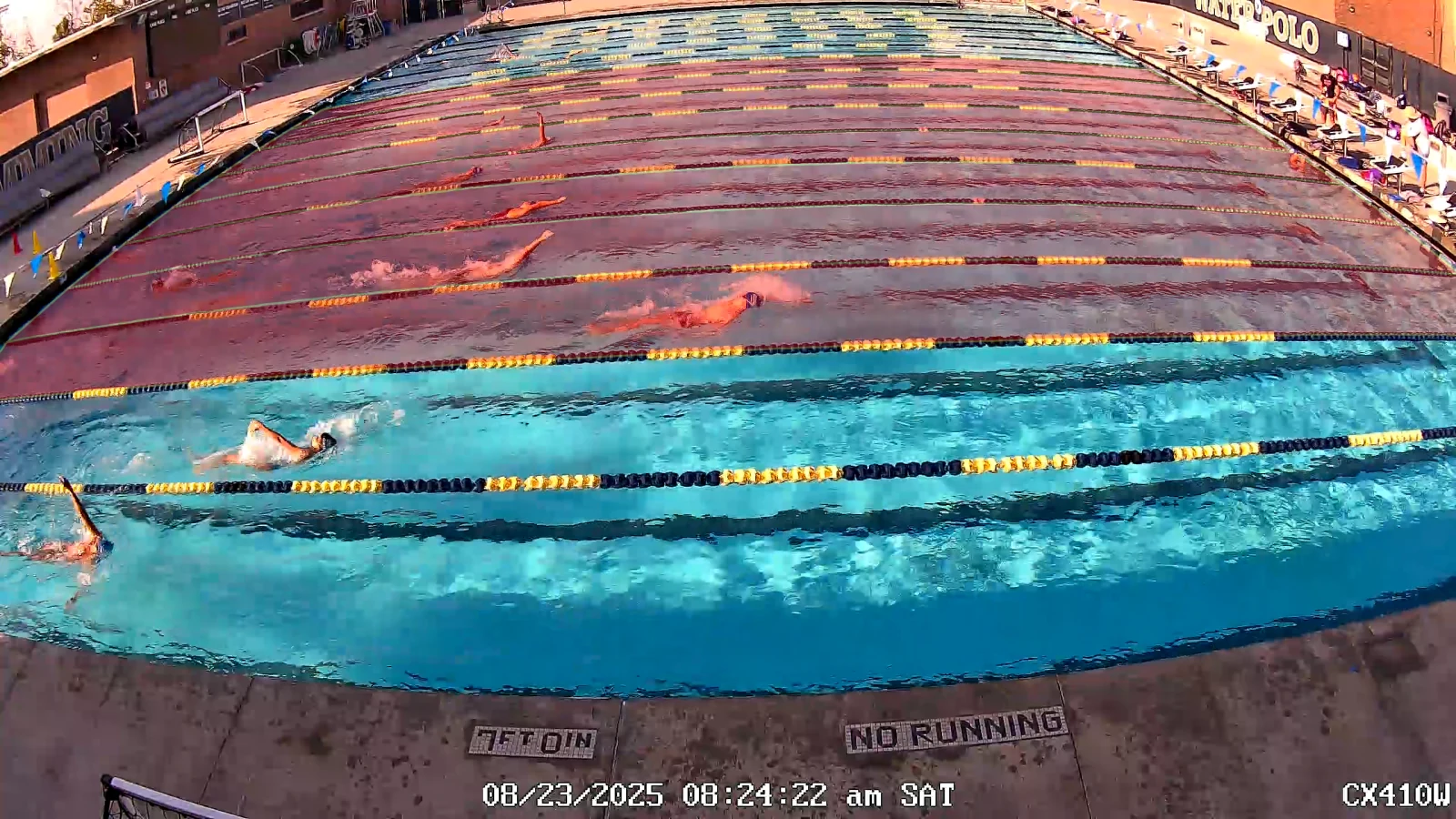 Pool camera frame with a shaded overlay identifying the calibrated tracking region across eight lanes.